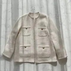 ミラオーウェン パッチポケット 金ボタン ロングツイードジャケット ノーカラー