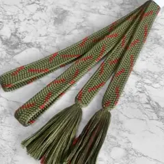 絹 帯締め☆平組 草柳色（抹茶・緑）×赤茶色 組紐