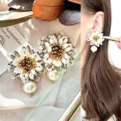 ビーズ刺繍フラワー　コットンパール お花　ピアス　イヤリング