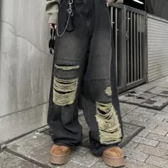 sedacle ブラックデニムパンツ ダメージ加工 ワイドレッグ S