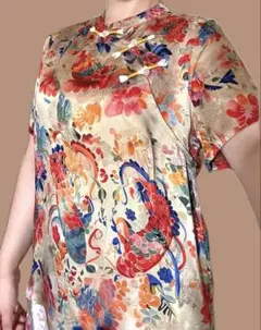 最終値下げ 新品シルクジャカード ブラウス 光沢 オレンジ ベージュチャイナ服