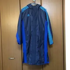adidas フード付きロングベンチコート ネイビー/青