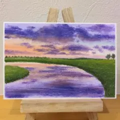 幻想的な海の風景画 朝日 オイルパステル画原画 ハガキサイズ 絵画