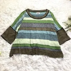 【良品】セシカブルー 麻100% ゆったりボーダーサマーニット L 七分袖 春夏のサムネイル