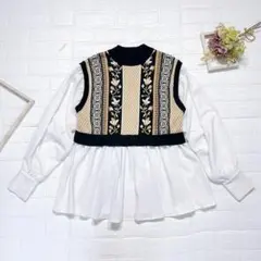 EVRIS 長袖 ブラウス ドッキング カットソー ホワイト ベージュ ブラック