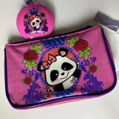 平成レトロ パンダ　ビニール ポーチ　コンパクト 鏡 ピンク 紫　赤 バラ 新品