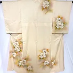 6k1626 着物 正絹 袷 訪問着 ベージュ 金色 橙色 白 青 緑 花柄 - メルカリ