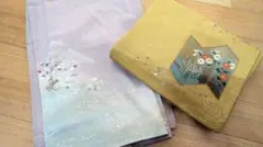 【しつけ糸付】訪問着 作家物落款入 名古屋帯 2点セット ピンク 辛子色 お茶会のサムネイル
