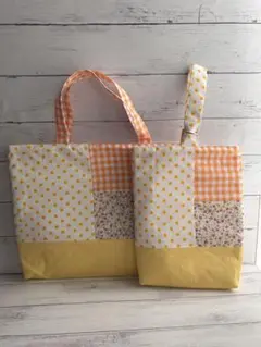 入園入学レッスンバッグパッチワーク風 裏地キルティングハンドメイド オレンジ