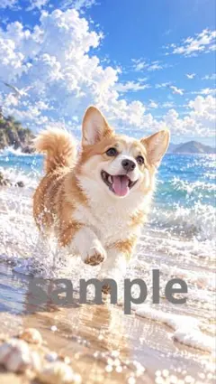 24【波打ち際のコーギー】| 犬・夏・海 | AIイラスト