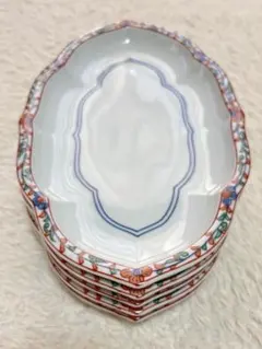 【値下げ！】橘吉　色絵唐草　楕円皿５枚セット　中皿　長皿　古伊万里　赤絵　輪花皿のサムネイル