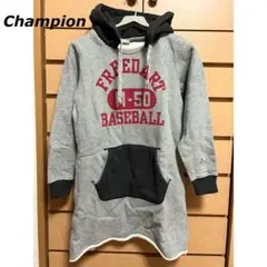 15日迄★ Champion 裏起毛 ロング丈パーカー グレー×ブラック M