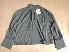 XLネイビー系，長袖スタンドカラーシャツ