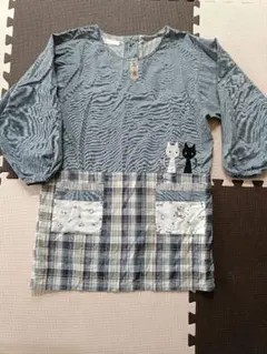 猫刺繍付き青チェック割烹着