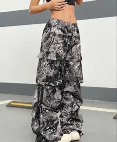 「美品」SHEIN レイヤードカーゴパンツ ブラック・ホワイト Sサイズ