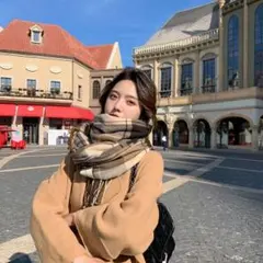 ブラウン　ストール　チェック　マフラー　膝掛け　ブランケット　小顔　大判　韓国