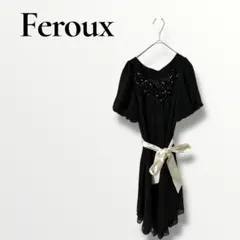 Feroux フェルゥ　黒　ひざ丈ワンピース ドレス　半袖　薔薇装飾　パーティ
