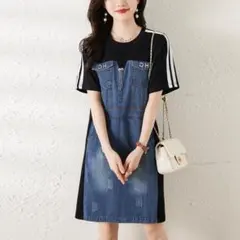 M～大きいサイズ デニム　ワンピース　ハート　 レディース 春夏　 新品 半袖