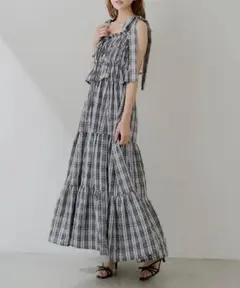 アシメ紐デザインチェック柄シャーリングロングOP詳細必ず確認お願いします