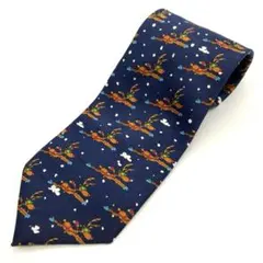 ADDIATION クリスマス ネクタイ 空飛ぶ トナカイ 冬 総柄 古着 紺色