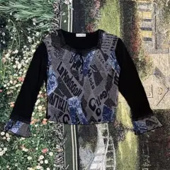 ☘︎ グラフィックプリント フレア袖 トップス ジーンズ柄 y2k ロック ☘︎