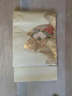 名古屋帯 扇面文 菊 秋草文様 クリーム色