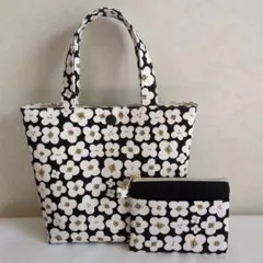 ハンドメイド　ミニトートバッグとポーチセット　北欧風　花柄　生成り