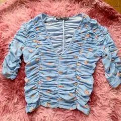 ZARA 花柄　シャーリング　トップス　フレンチ　ガーリー　ブルー　フラワー