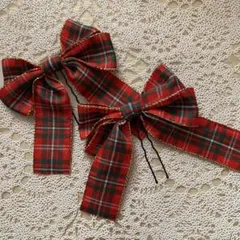 8-24 ヘアメ　リボン　ヘアピン　クリスマス　赤　チェック　25ミリ巾　推し活