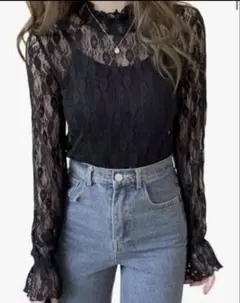 即日発送/新品未使用！　長袖レースブラウス トップス シースルー レーストップス