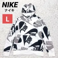 NIKE ナイキ ビッグスウッシュ 総柄 刺繍ロゴ パーカー ホワイト Lサイズ