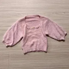 ローズ刺繍 スクエアネック シャギーニット 半袖 ピンク