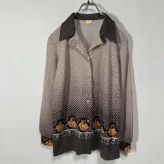 ヴィンテージ　グラデーション　ボタニカル　ダーツ　開襟　ニット　長袖シャツ　古着