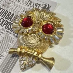 ヴィンテージ アクセサリー　ブローチ　フクロウ　動物　カラーストーン　レッド