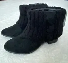 未使用　雪寒対応　ケーブルニット　ボタン付きスエード調　ショートブーツ　黒　Ｌ