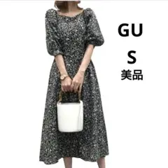 GU ワイドネック ワンピース 花柄フレアスリー シャツワンピース S 秋