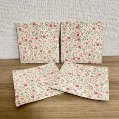 ハンドメイド　ピンク系のお花柄＆黄色のドットのコースター　４枚セット