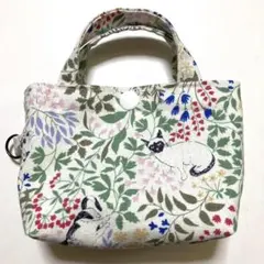 ハンドメイド　ミニトートバッグ　草花と猫