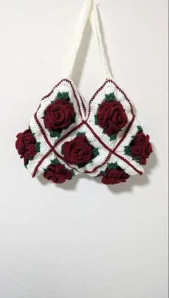 【モチーフ編みバッグ】薔薇② type1 ワインレッド×ホワイト