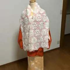 ピンクホワイト花模様ショール　着物用ショール　モヘア手編みショール