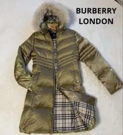 バーバリーロンドン ファー付 オリーブ 金 ダウンジャケットノバチェック36 S