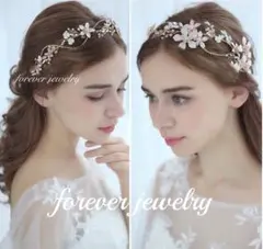 ゴールドヘッドドレスウェディングヘアアクセサリーブライダル結婚式髪飾りティアラ