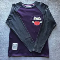 猫ポケット 紫/グレー 長袖Tシャツ