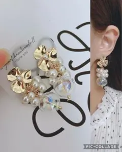 再販♡メタルフラワー×じゃらじゃらパールオーロラガラスドームピアス イヤリング