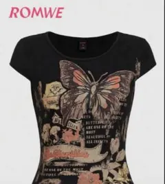 シーイン　ROMWE 蝶のグラフィック ブラックTシャツ　X S