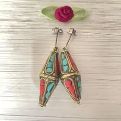 ネパール☆チタン☆赤珊瑚＋トルコ石☆素敵なエレガントピアス