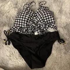 チェック柄フリルブラ 黒ボトム 水着 セット