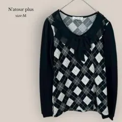 N'atour plus アーガイル柄セーター　シフォンリボン　ブラック