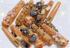 オレンジ 装飾付きネイルチップ 10個セット