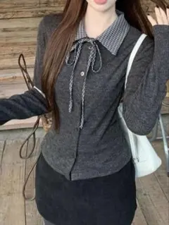 チェックカラーリボンリブニットカーデ ダークグレー